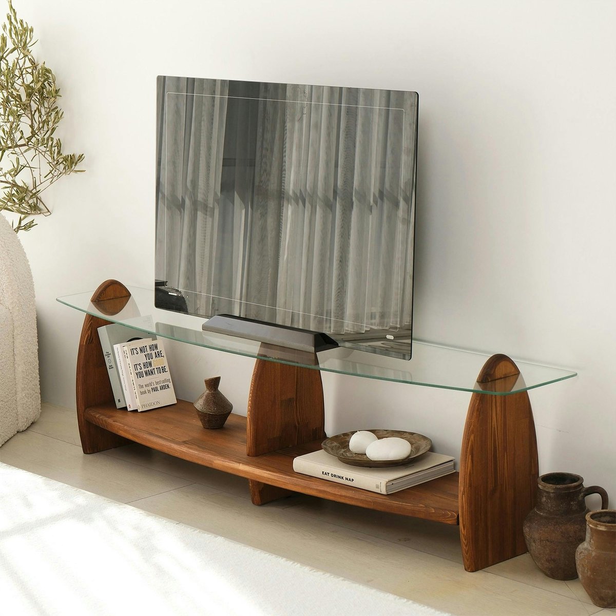 Meuble TV bois et verre - 2 niches ANZIO verre transparent, PIER IMPORT