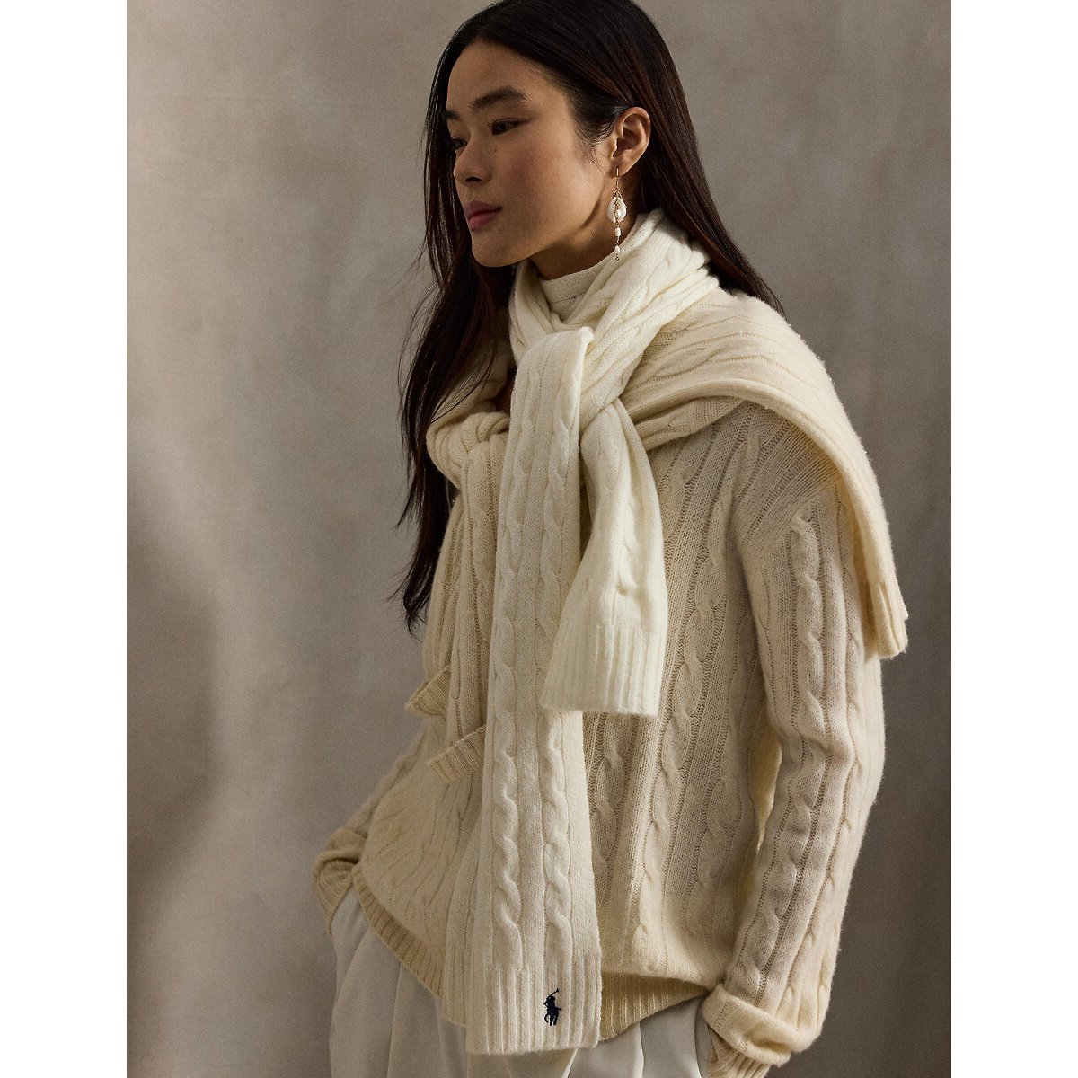 Echarpe torsadée, 90% laine 10% cachemire crème, POLO RALPH LAUREN