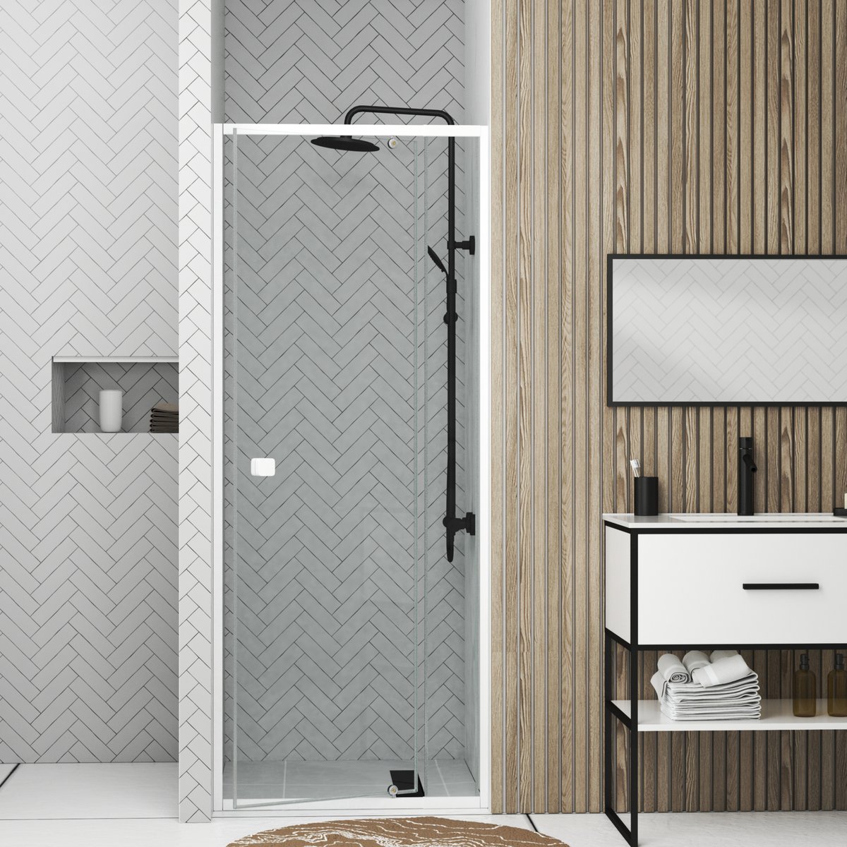 Porte de douche pivotante en verre trempé blanc, HOME MAISON