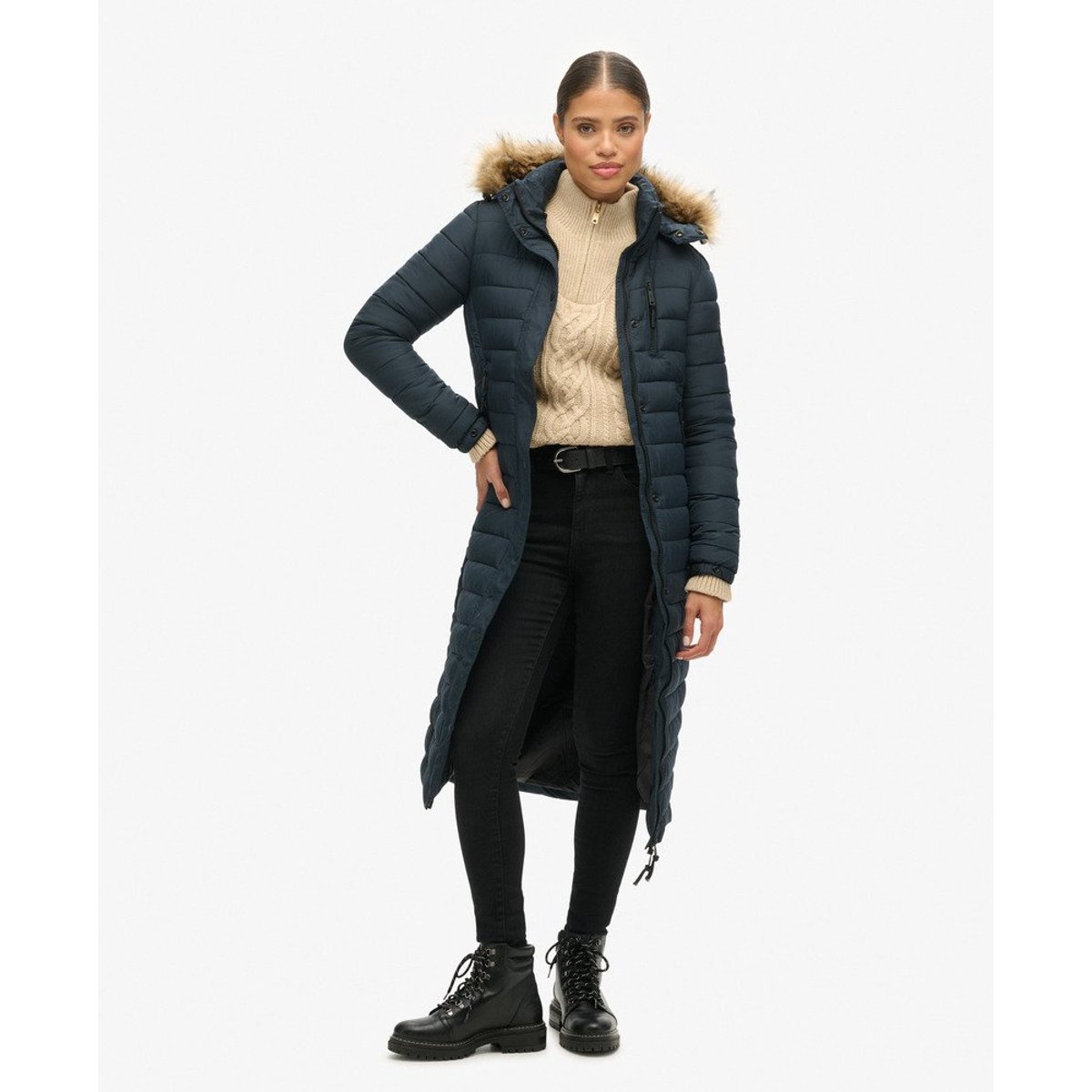 Doudoune longue et légère à capuche avec imitation fourrure bleu marine éclipse, SUPERDRY