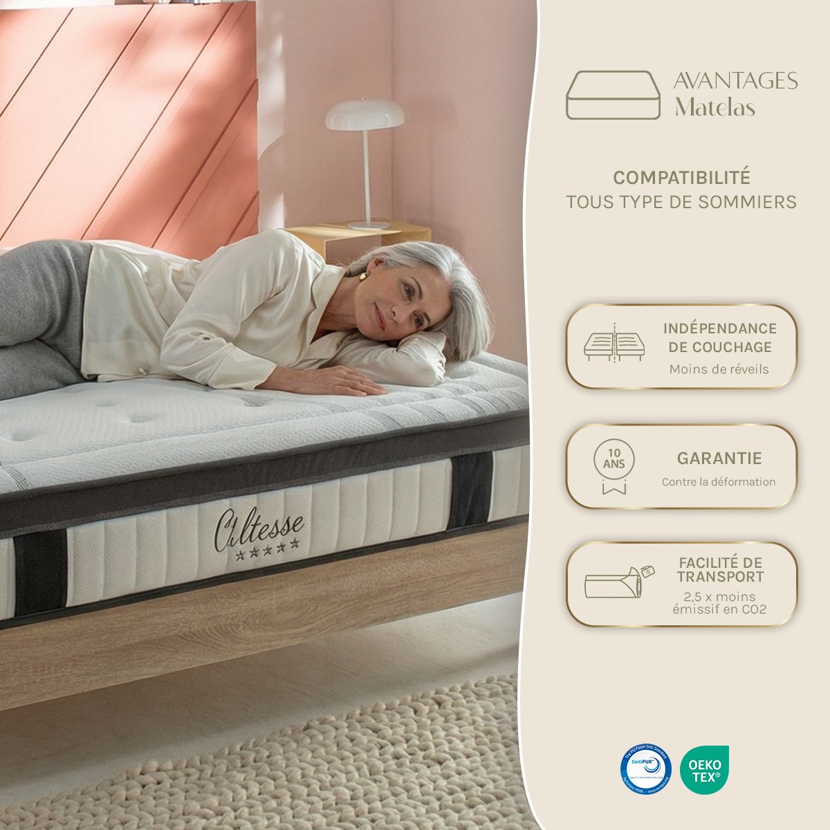 Ensemble ALTESSE Matelas Mémoire + Sommier Bois blanc, MAISON AUBERTIN