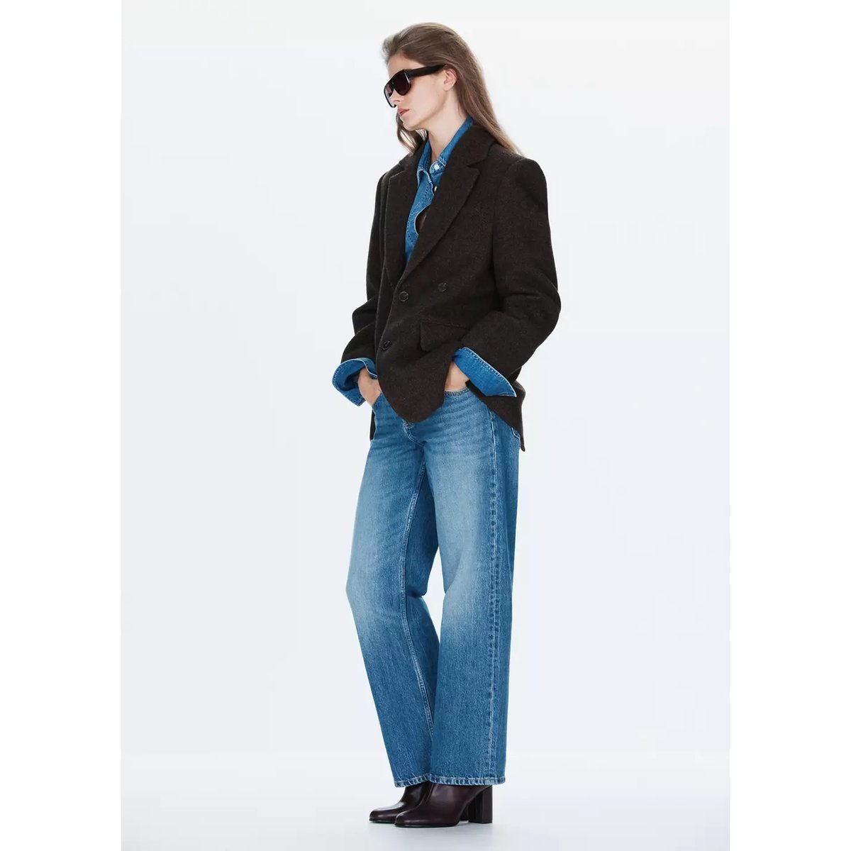 Blazer droit pied-de-poule marron, MANGO