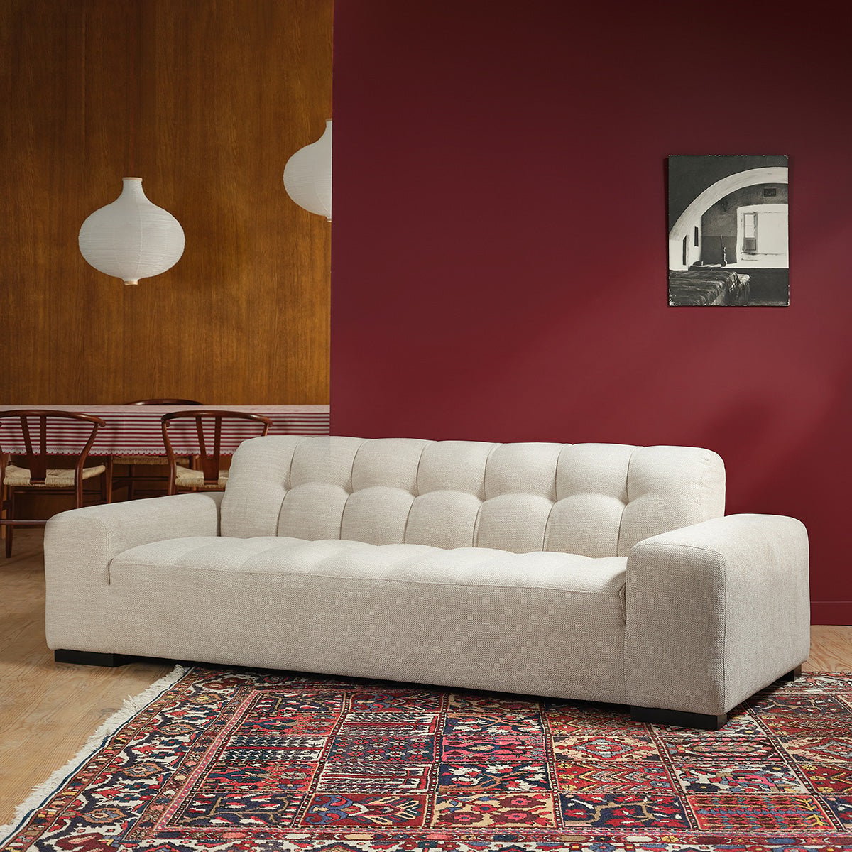 Canapé droit 4 places en tissu texturé ALPHONSE beige chiné, BERAH GETAH