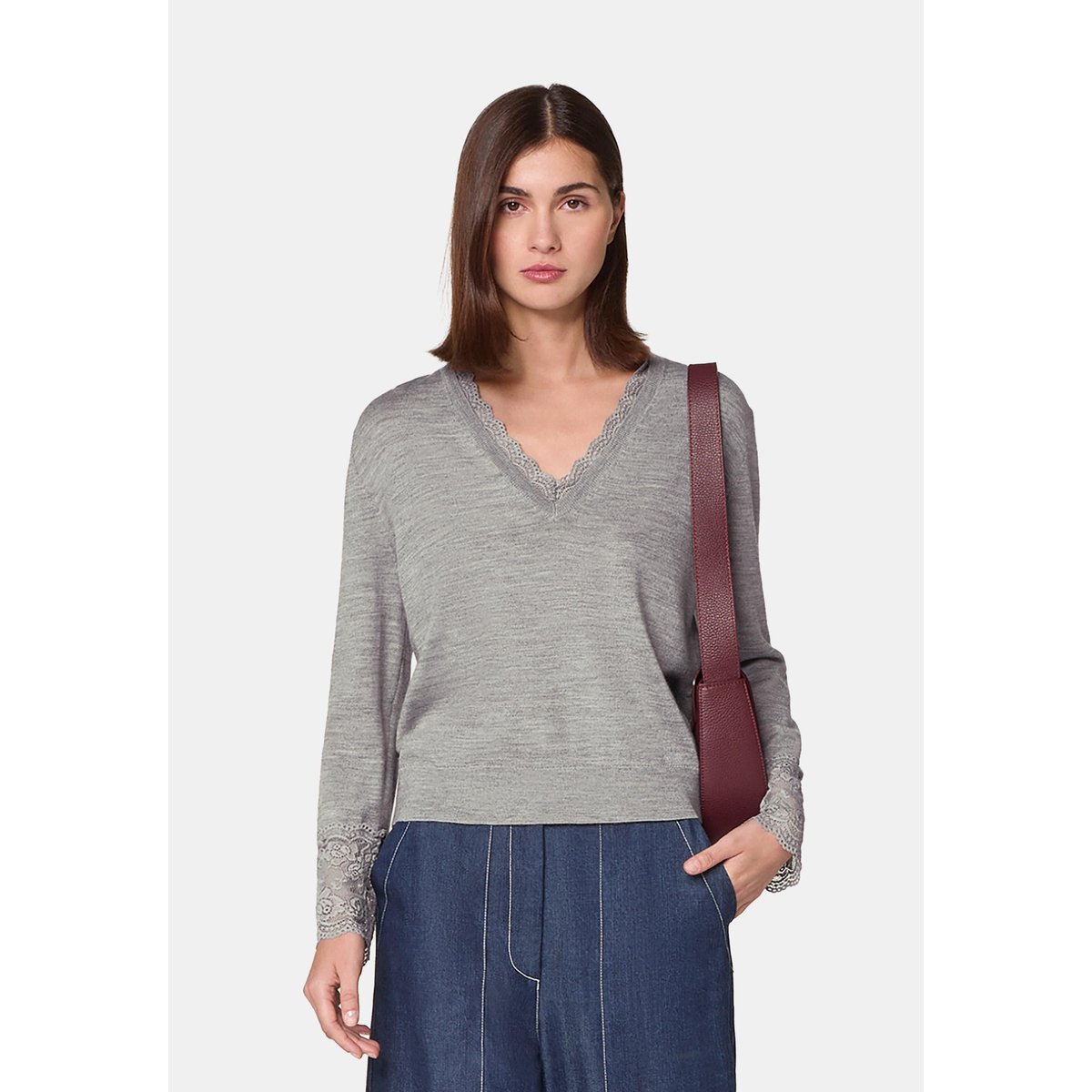Pull col V dentelle en laine gris foncé, RODIER