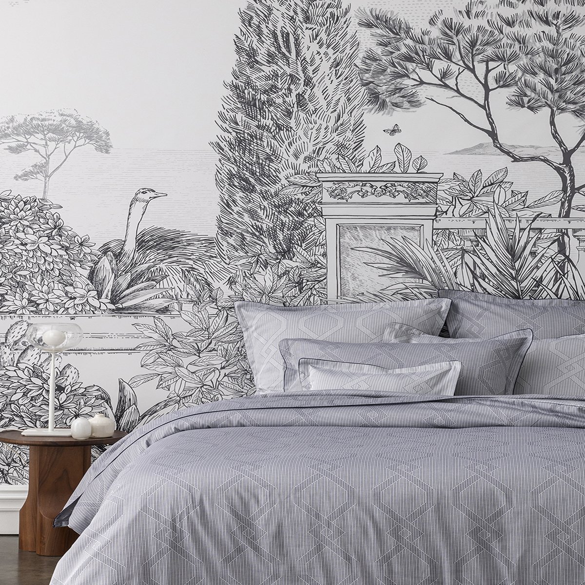 Drap plat imprimé en jacquard de coton bio, RIVOLI bleu, ALEXANDRE TURPAULT