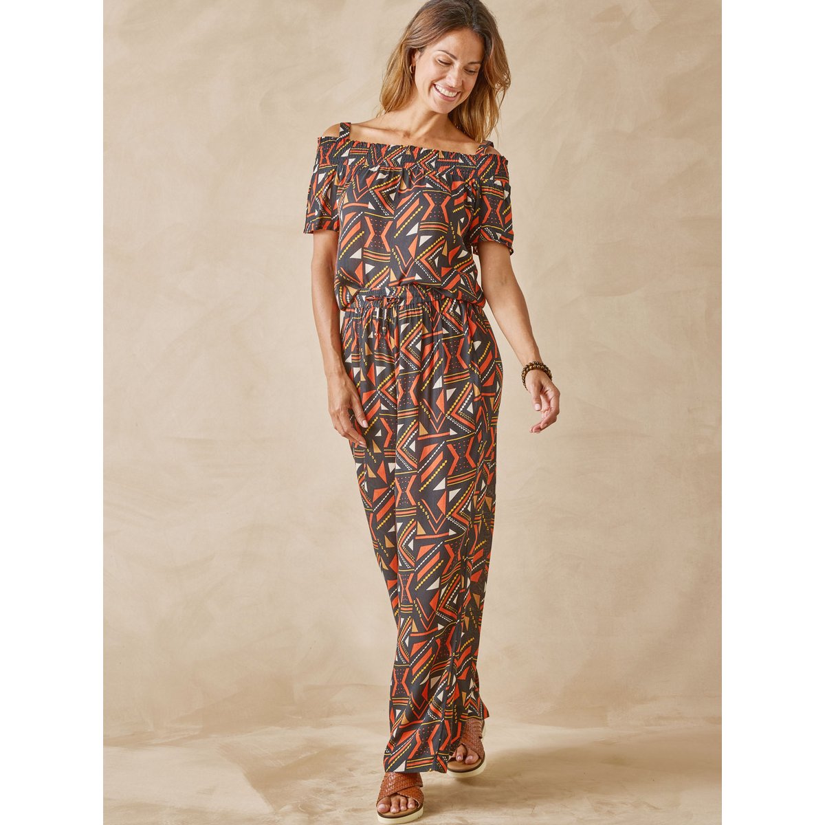 Blouse smockée en crêpe imprimé marron, DAXON