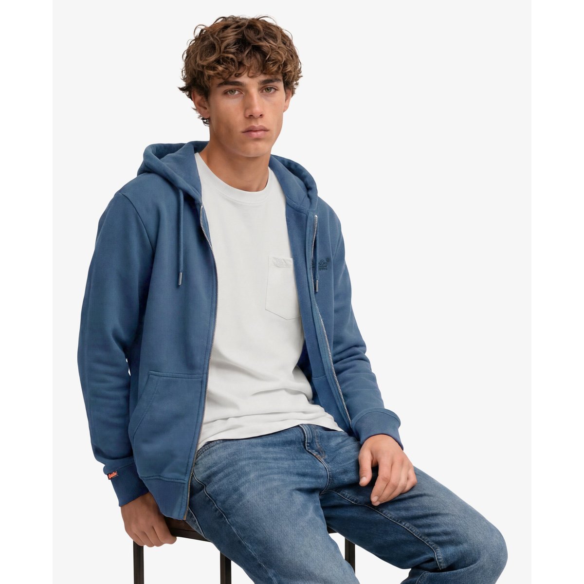 Sweat à capuche zippé Logo Essential bleu délavé héritage, SUPERDRY