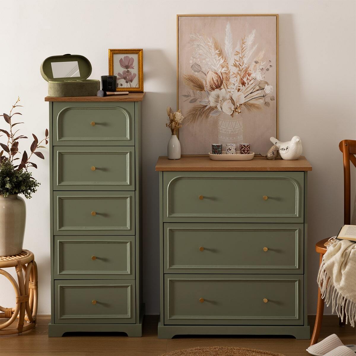 Commode chiffonnier 5 tiroirs bois MOHEA vert céladon, ATMOSPHERA