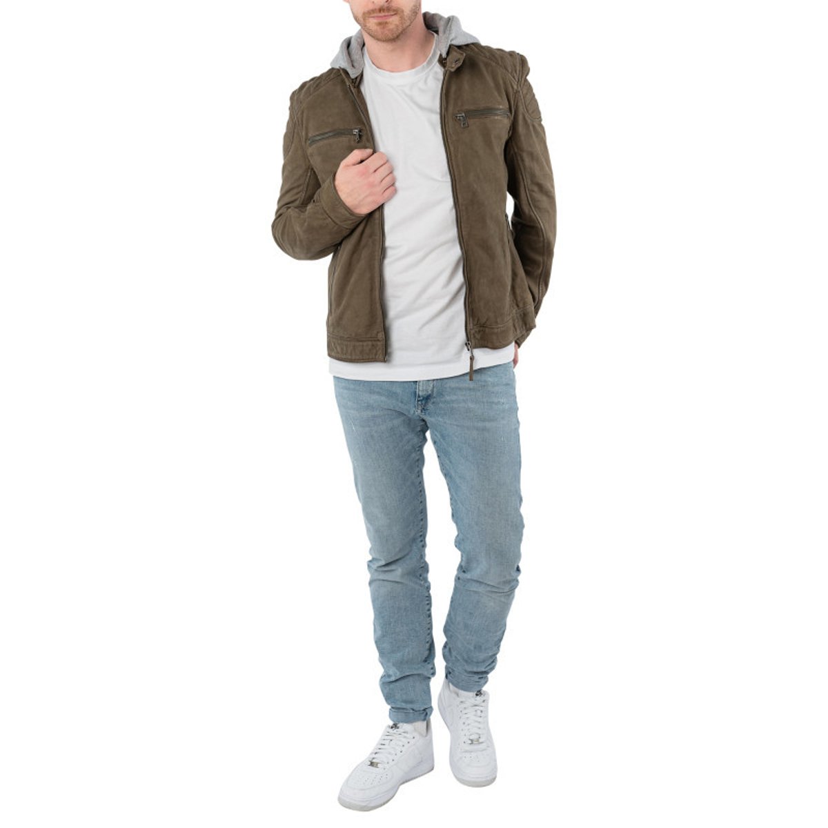 Blouson en cuir de mouton olive uni avec une coupe ajustée et un col à capuche vert foncé, GIPSY