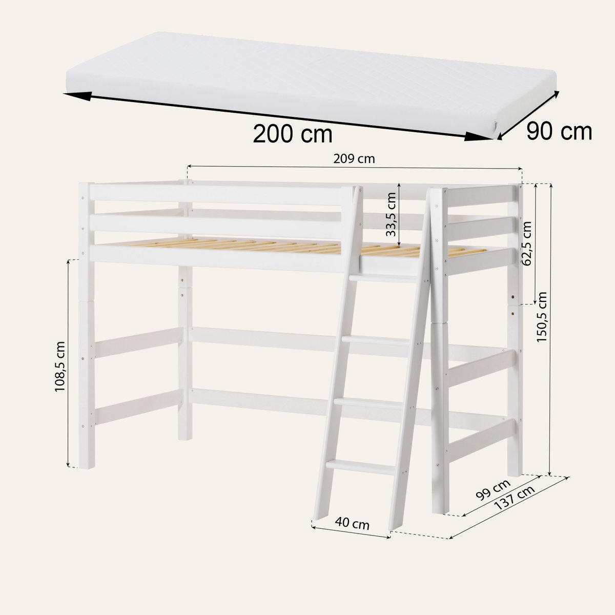 Lit Haut pin massif ECO LUXURY blanc, HOPPEKIDS