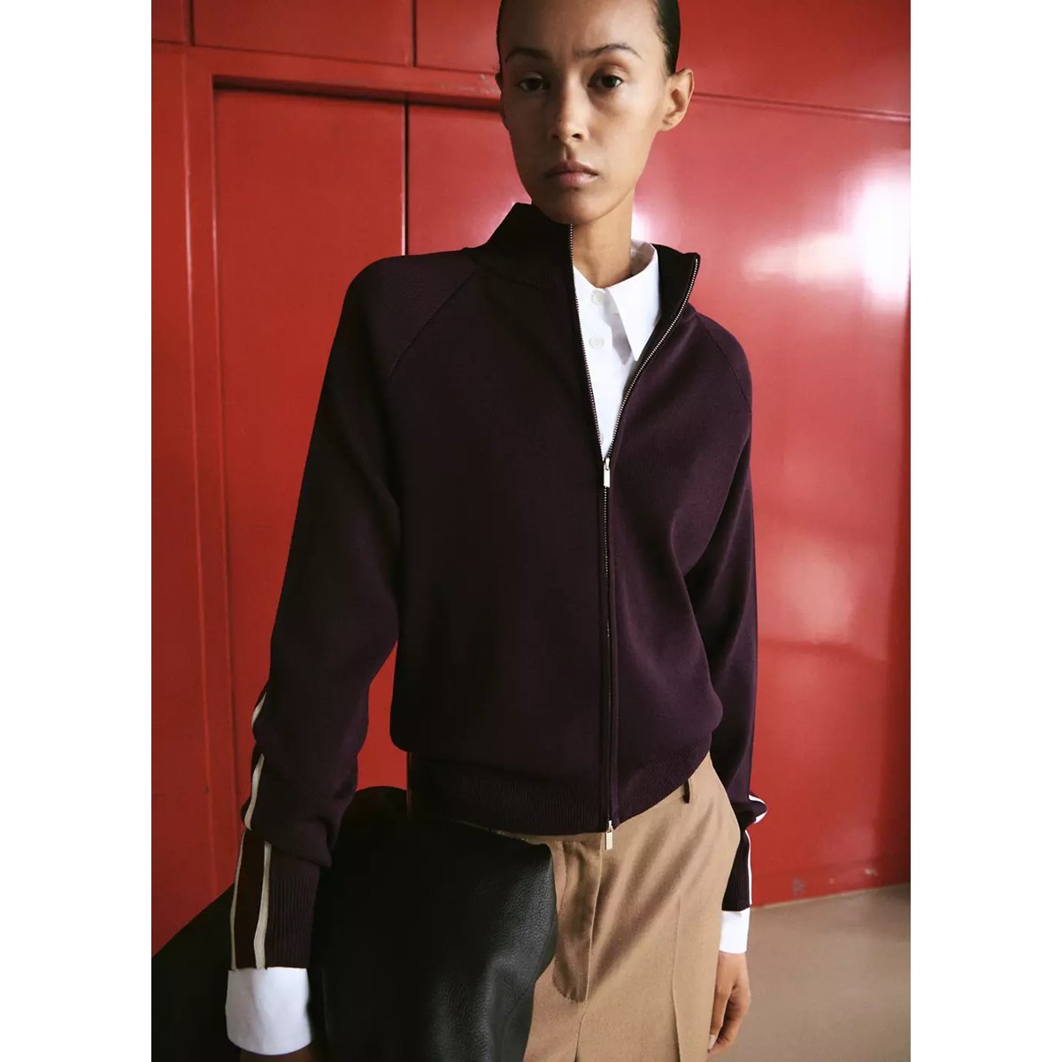 Cardigan rayures contraste zip lie de vin, MANGO