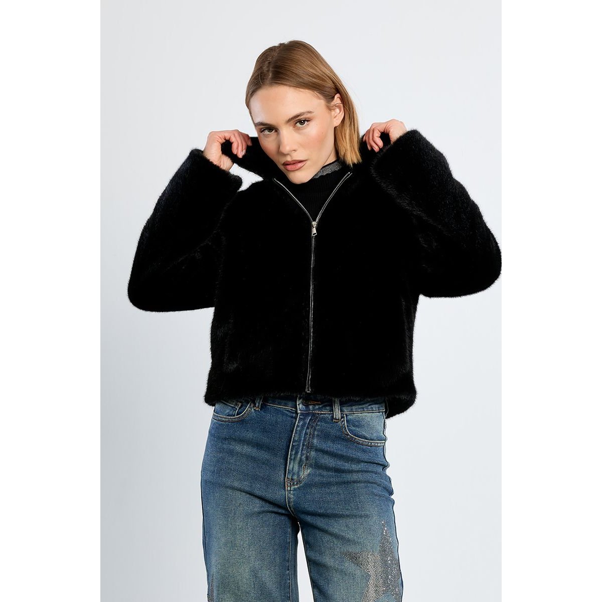 Veste imitation fourrure, unie noir, LILI SIDONIO