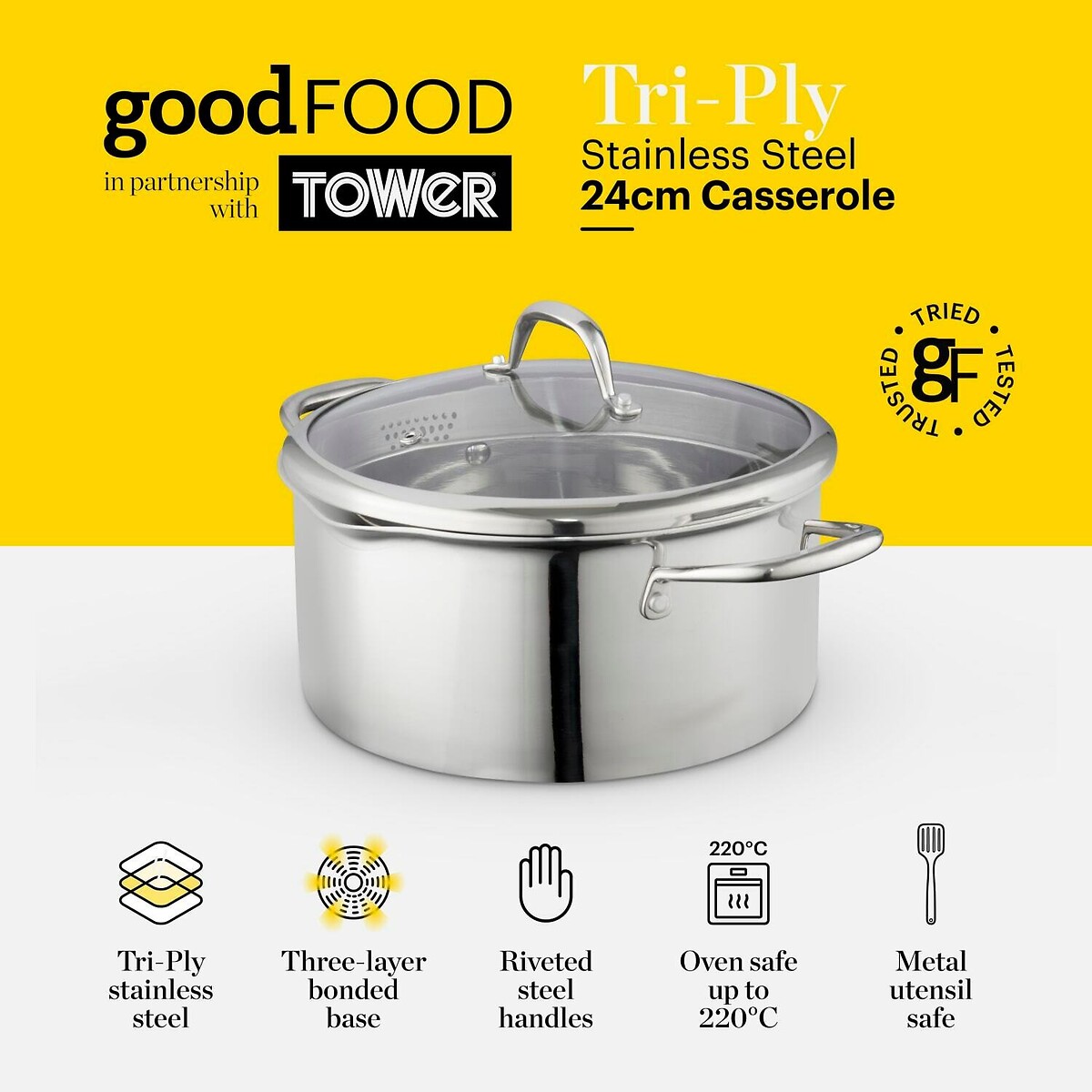 24cm Tri-Ply Casserole with Lid silver-coloured, GOOD FOOD BY TOWER