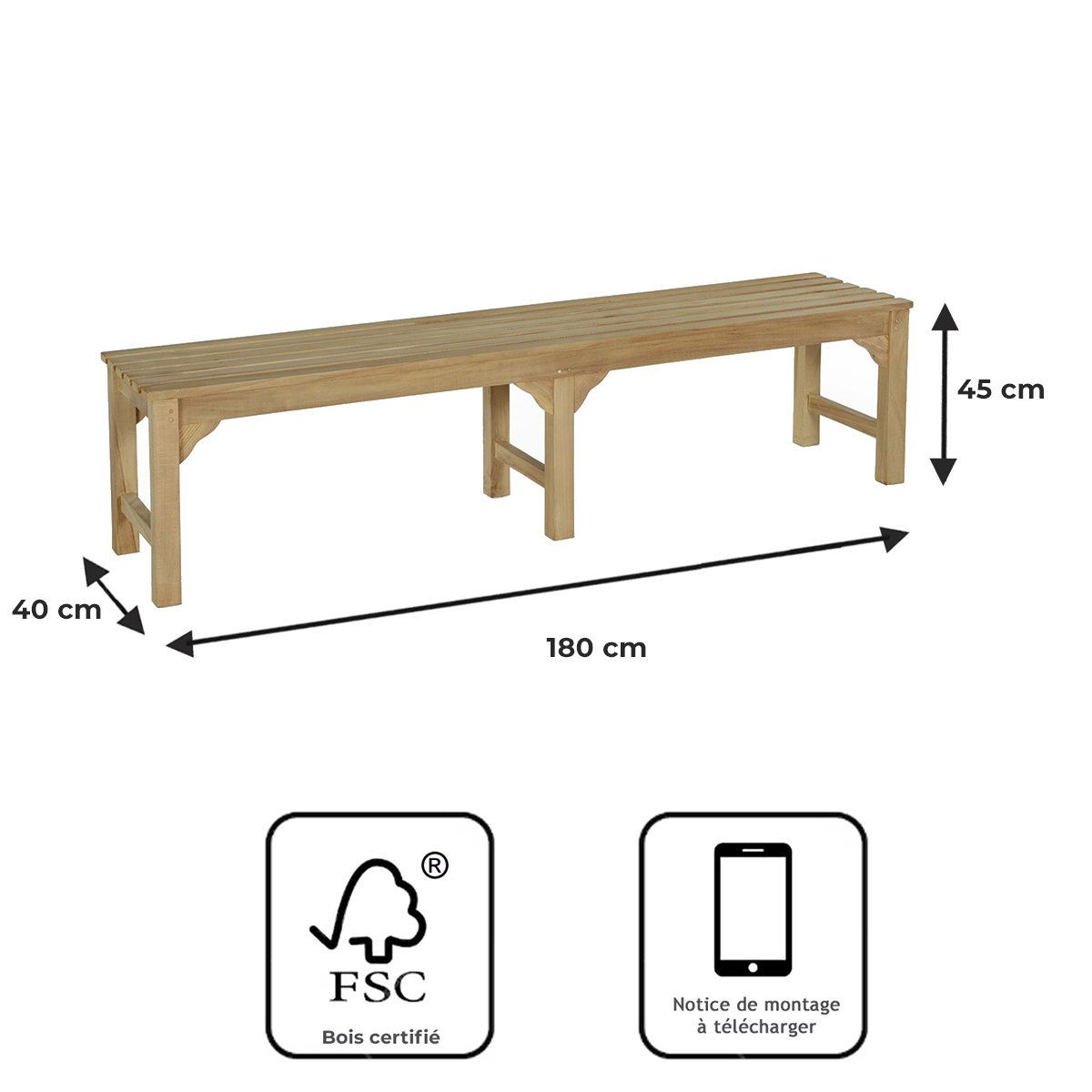 Banc en teck massif Melbourne 180 cm (sans dossier) naturel, TECK ATTITUDE