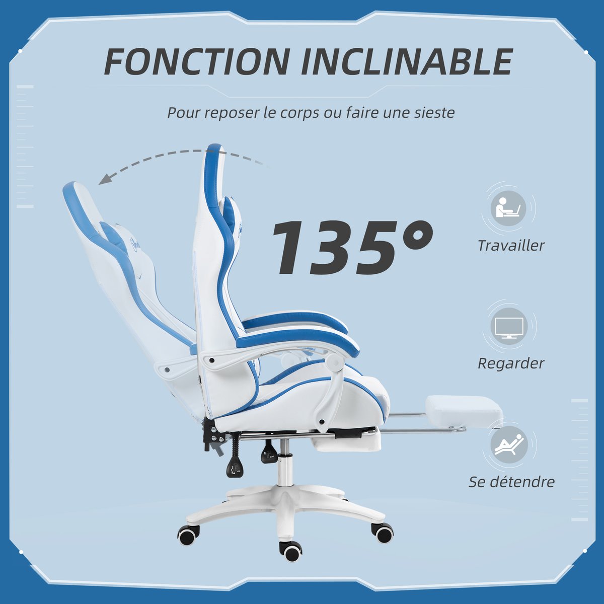 Fauteuil gaming Polyuréthane Blanc et gris blanc, gris, HOMCOM