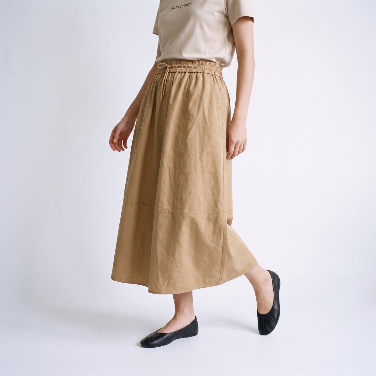Jupe midi évasée, taille haute élastique CLONA beige, ARTLOVE