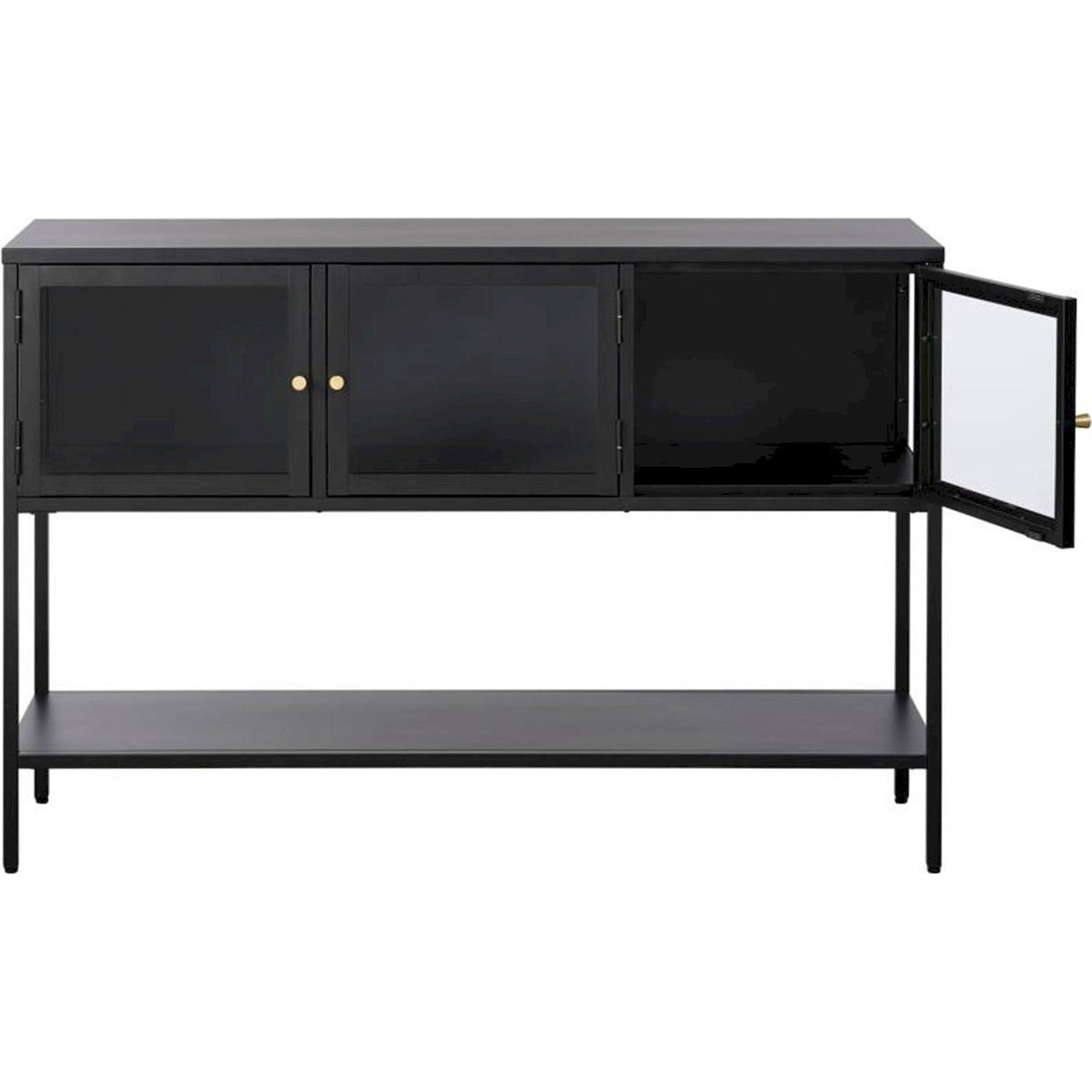 Console en métal trois portes ZEINS noir avec poignées dorées, RECOLLECTION