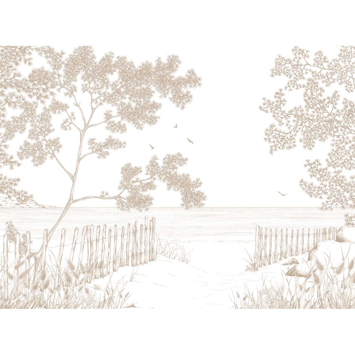 Papier peint chemin de pins bord de mer esquisse beige, HEXOA