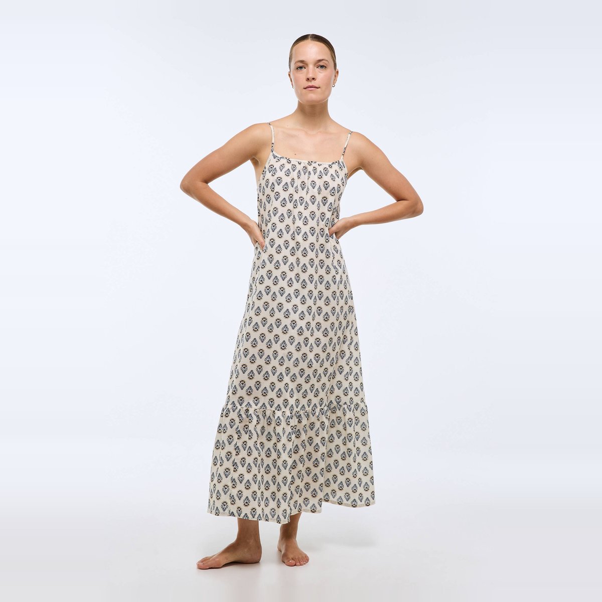 Chemise de nuit longue fines imprimée rayée en coton BIO butter cream, MONOPRIX