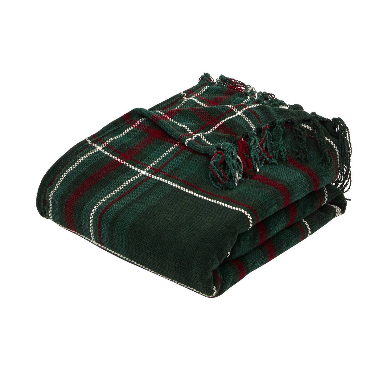 Plaid de Noël tartan en chenille 130 x 180 cm vert, ATMOSPHERA