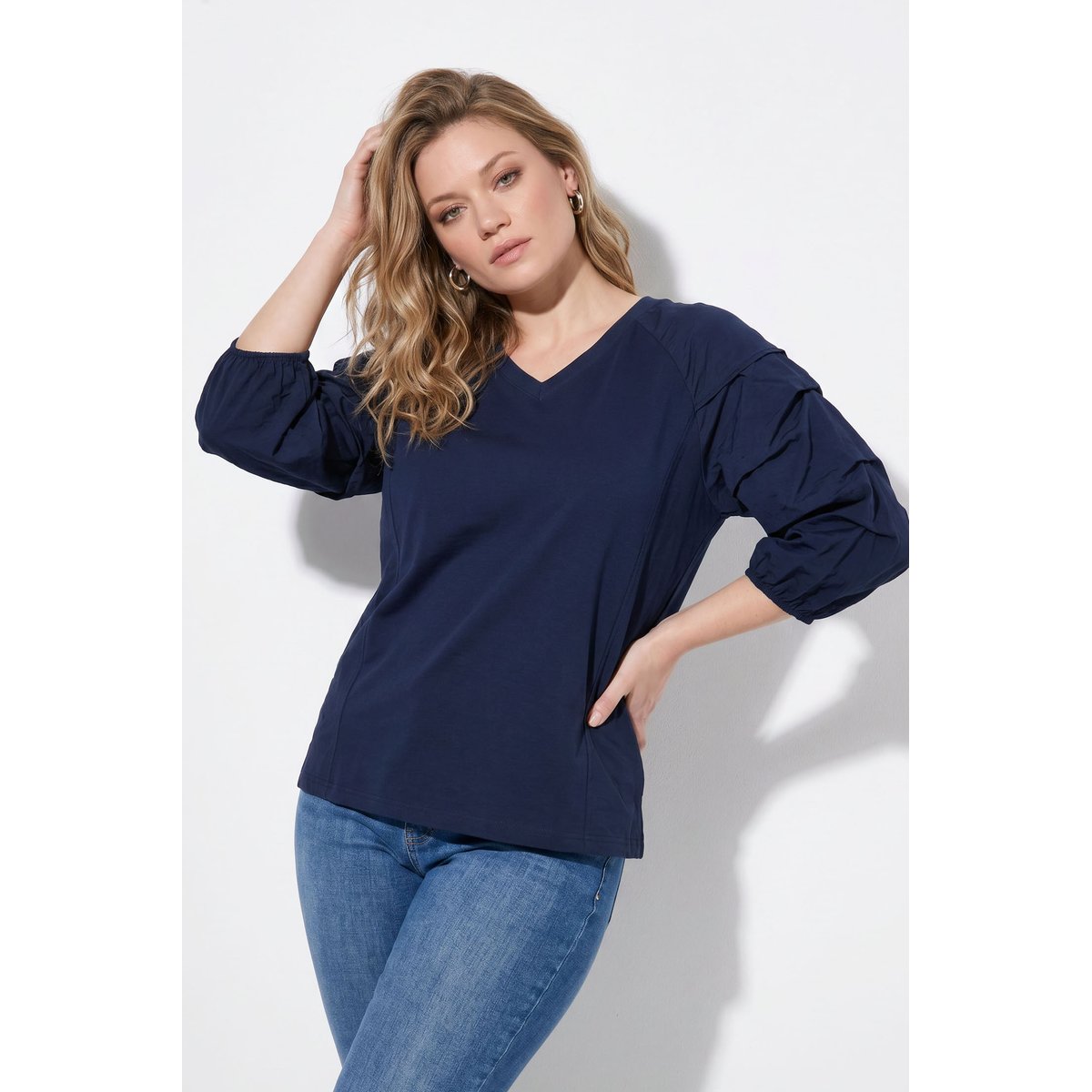 T-shirt en coton bio, plis fantaisie marine, ULLA POPKEN