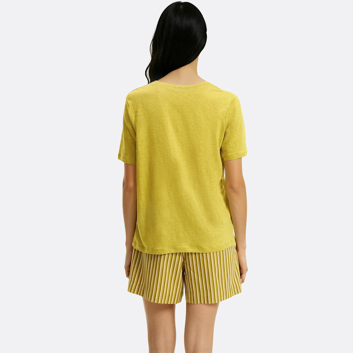 T-shirt en lin col rond manches courtes vert bronze, LA REDOUTE COLLECTIONS