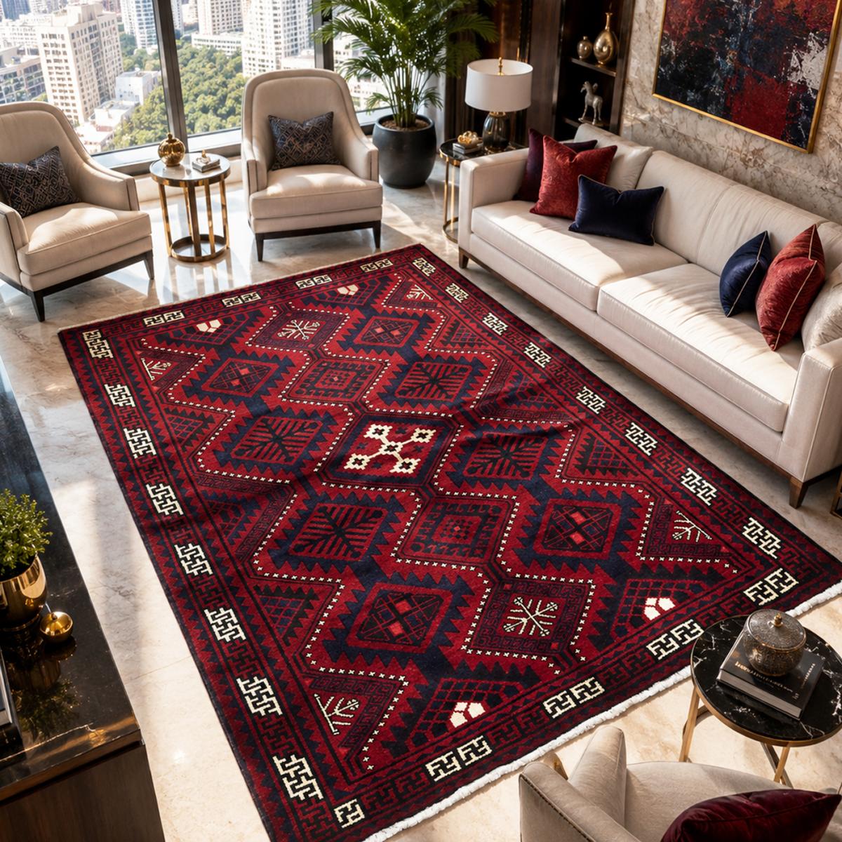 Tapis d'orient, motif oriental authentique noué main, LORI 7 rouge, crème, noir, UN AMOUR DE TAPIS