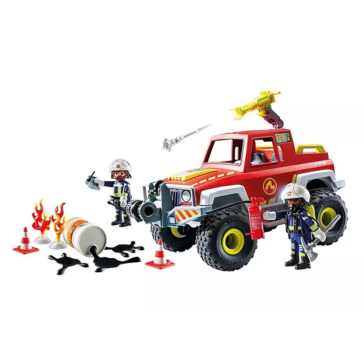 Véhicule de pompiers avec bidon d'essence enflammé véhicule de pompiers avec bidon d'essence enflammé, PLAYMOBIL