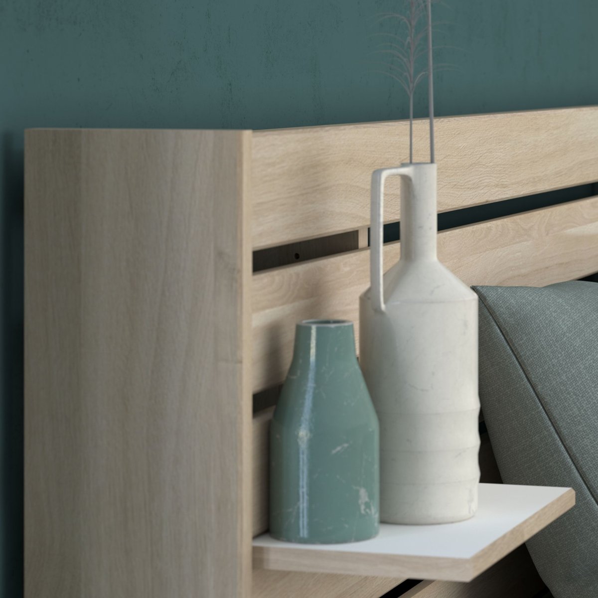 Lit adulte avec tête de lit et tiroirs - CLEM bois naturel, TERRE DE NUIT