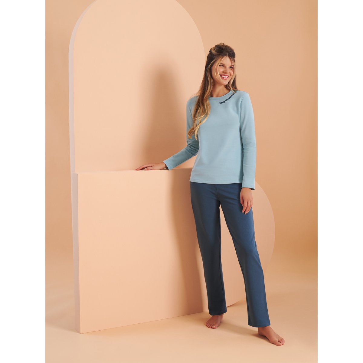 Pyjama pantalon large top manches longues Delightful bleu, LISCA