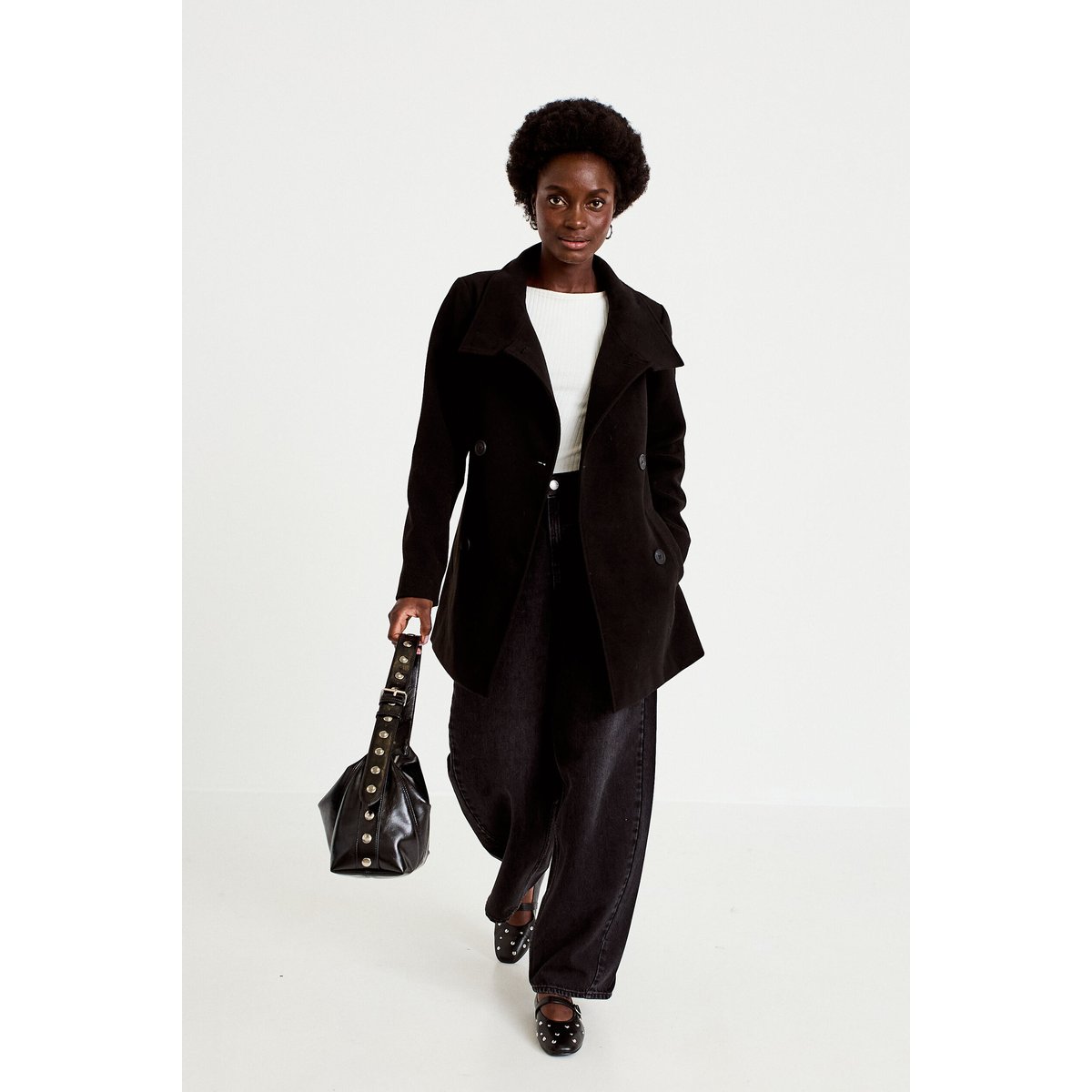 Manteau cintré mi-long col montant noir, CACHE CACHE