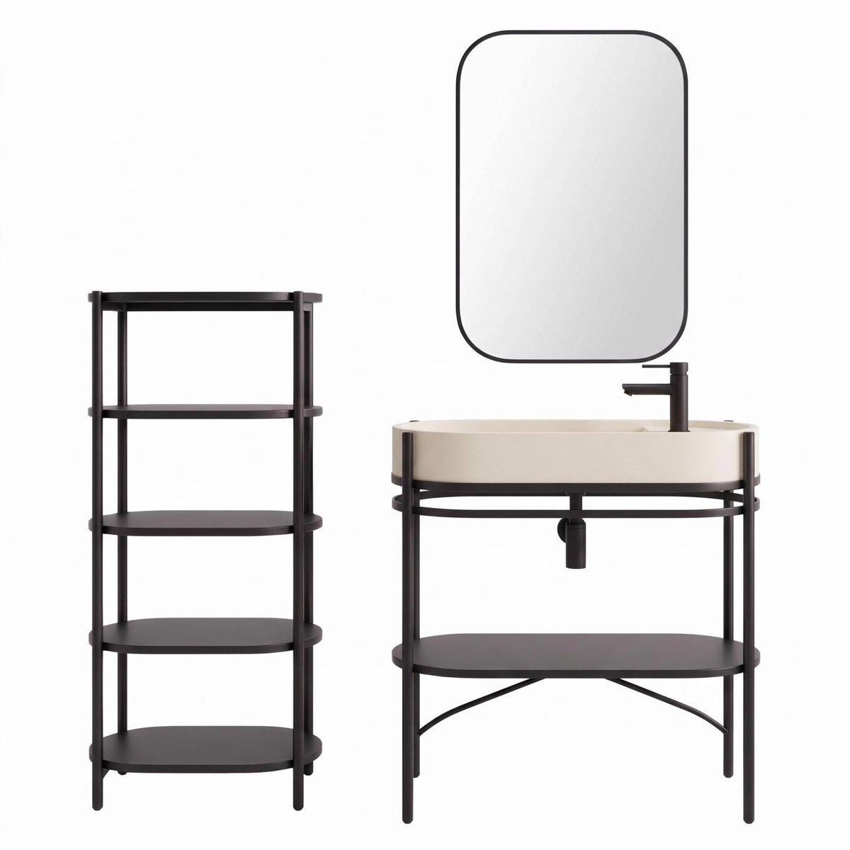 Meuble simple vasque sur pieds 80cm en métal noir et vasque béton et robinet noir, miroir et colonne beige, MOB IN