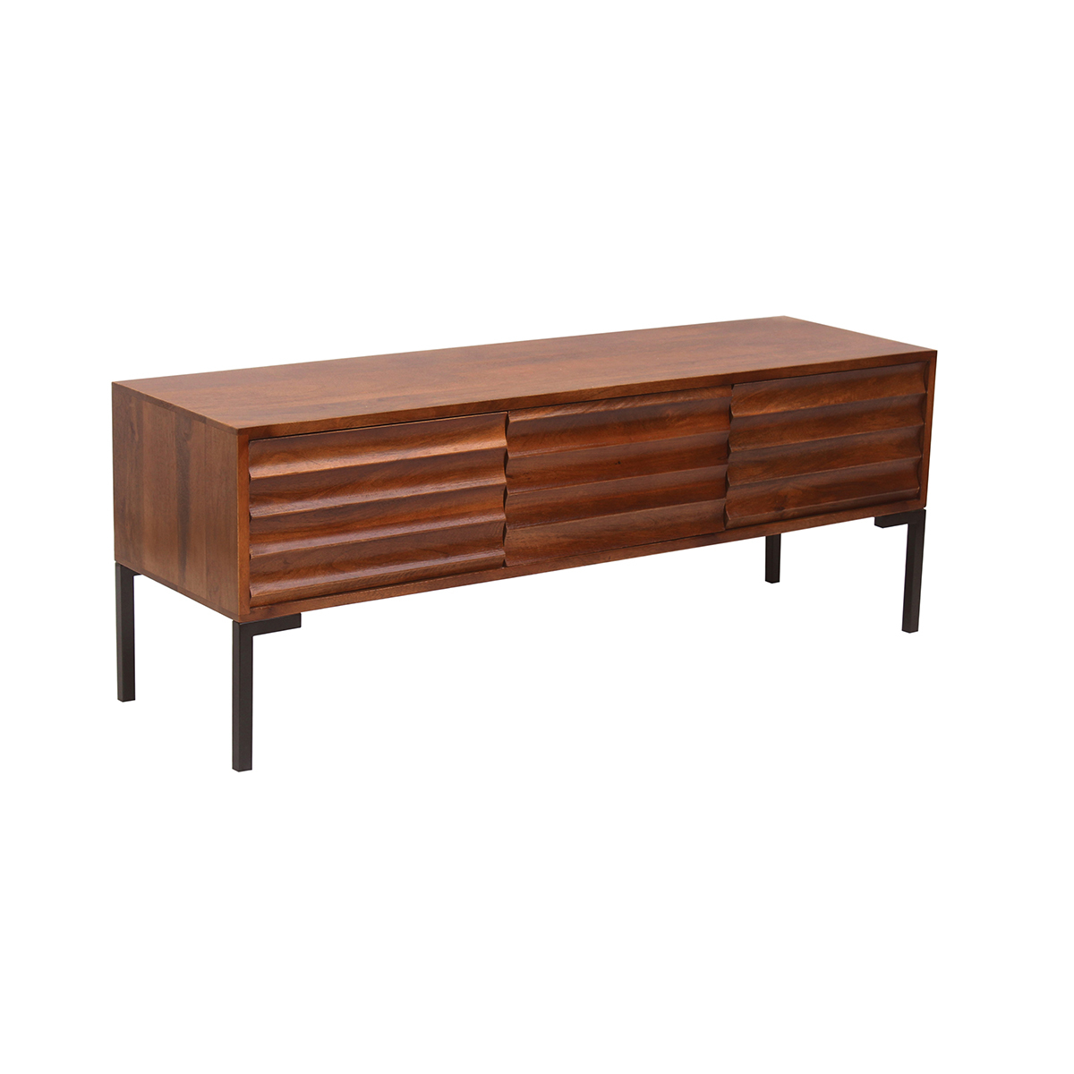 Meuble TV en bois foncé manguier massif et métal noir 3 portes L120 cm ONDA noyer, MILIBOO