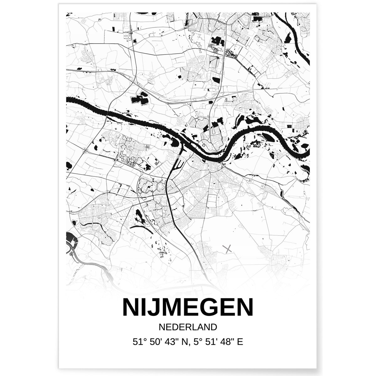 Affiche carte Nijmegen - rectangle Noir et Blanc blanc, L'AFFICHERIE