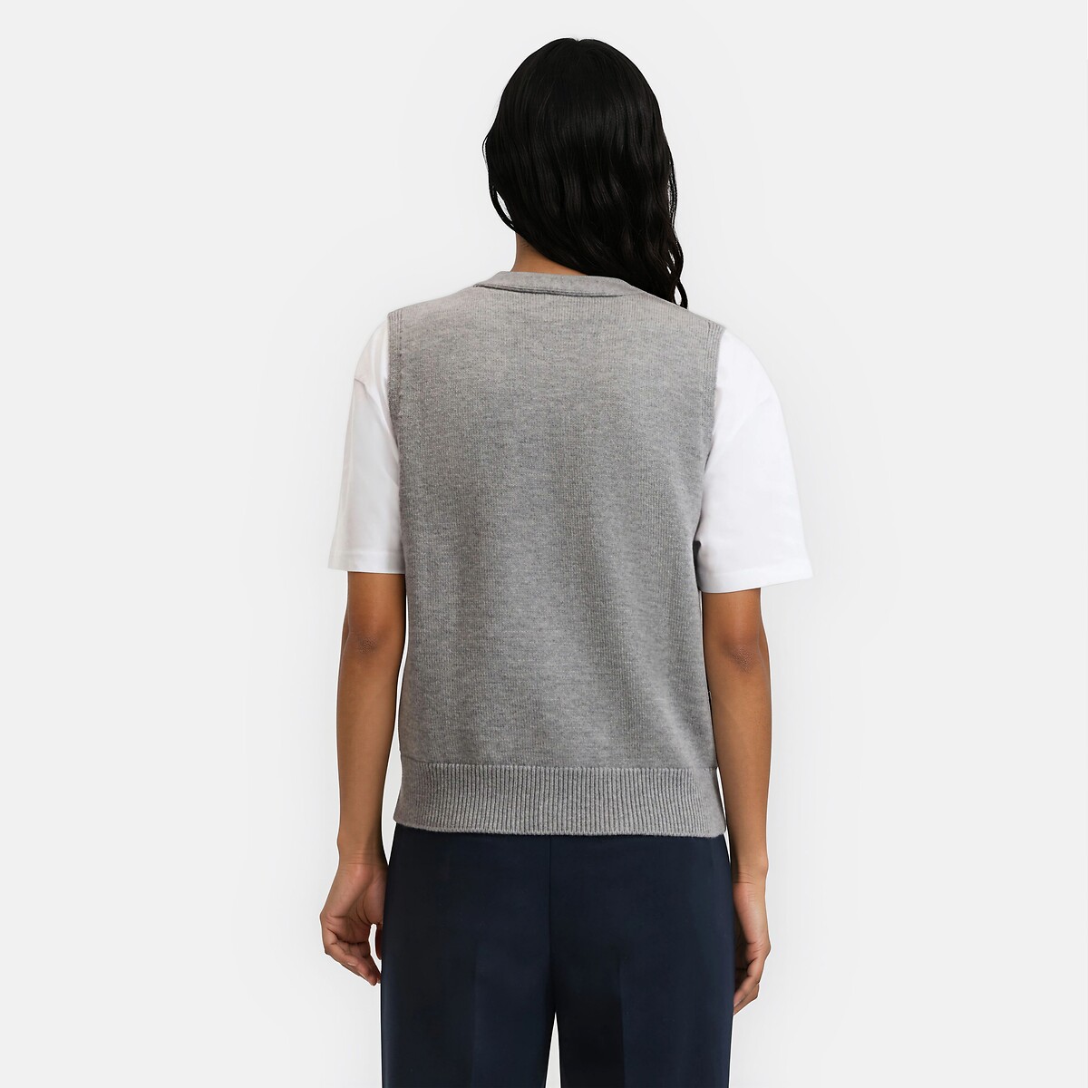 Gilet court en laine, col V, sans manches, boutonné gris chiné, LA REDOUTE COLLECTIONS