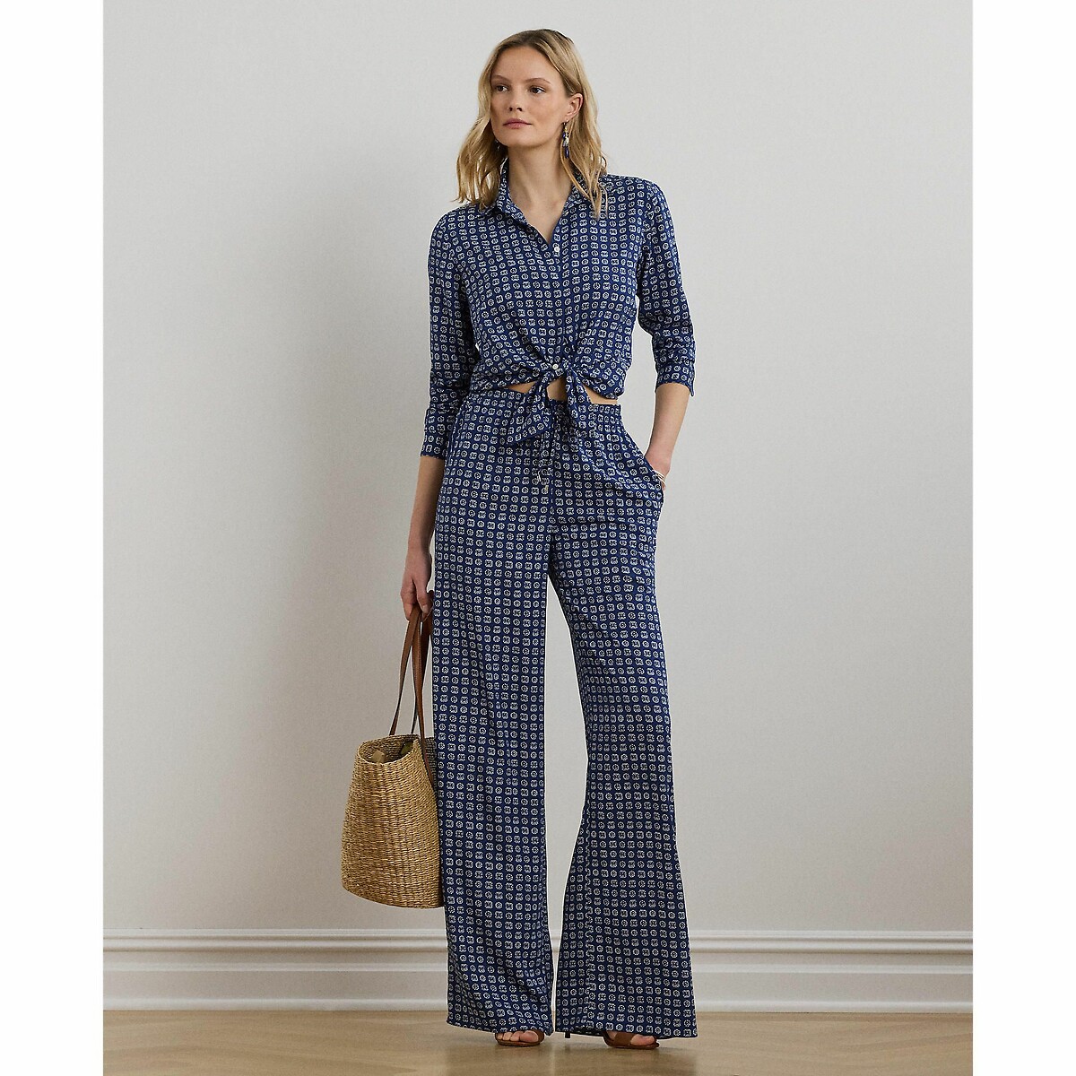 Chemise à manches longues, en crêpe imprimé  bleu/blanc, LAUREN RALPH LAUREN