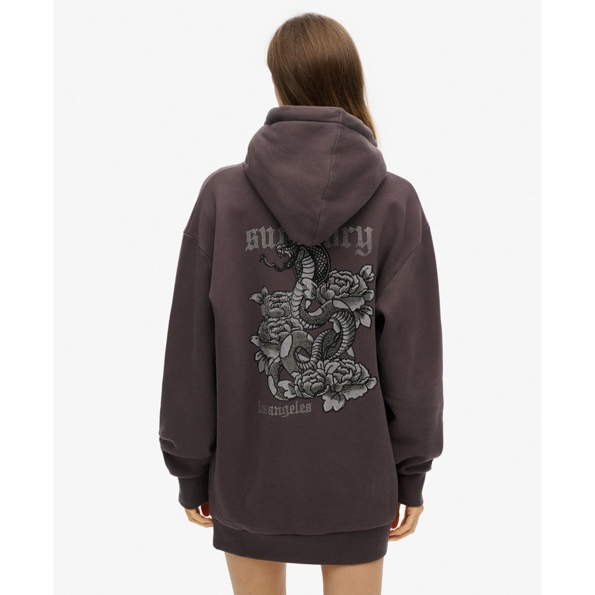 Robe à capuche et strass effet tatouage noir carbone, SUPERDRY