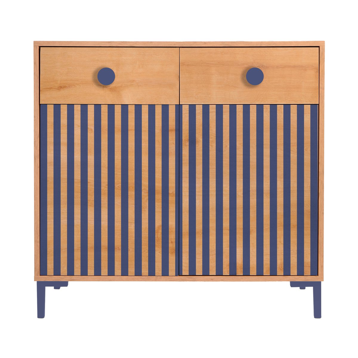 Commode 2 portes 2 tiroirs OAKLEY chêne et rayures bleues, REALLY NICE THINGS