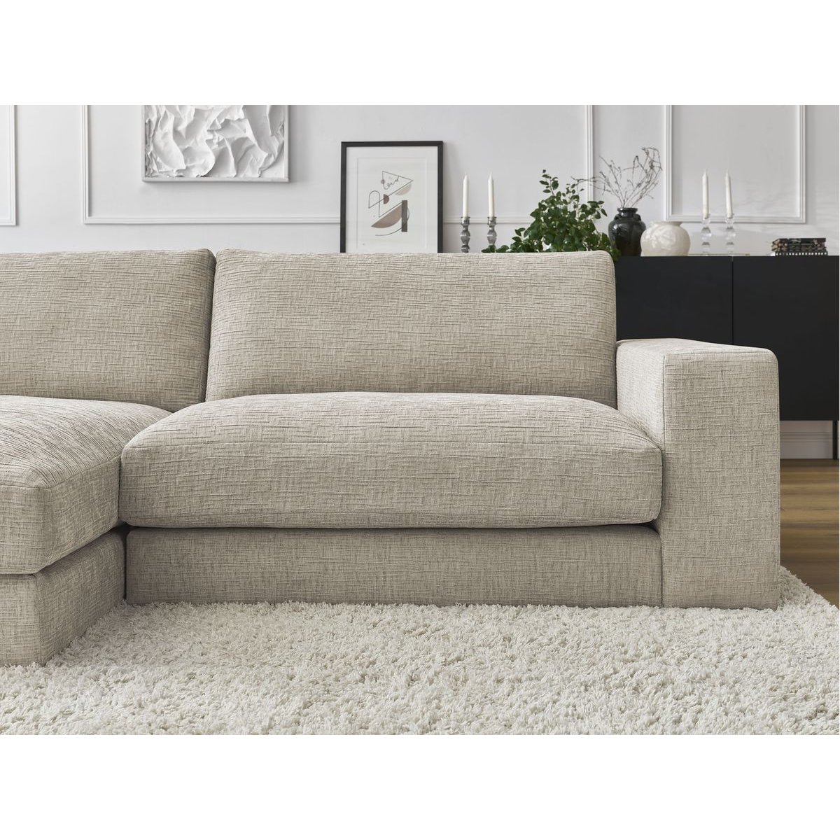 Canapé d'angle fixe 4 places en tissu texturé, LEONARD beige, BOBOCHIC