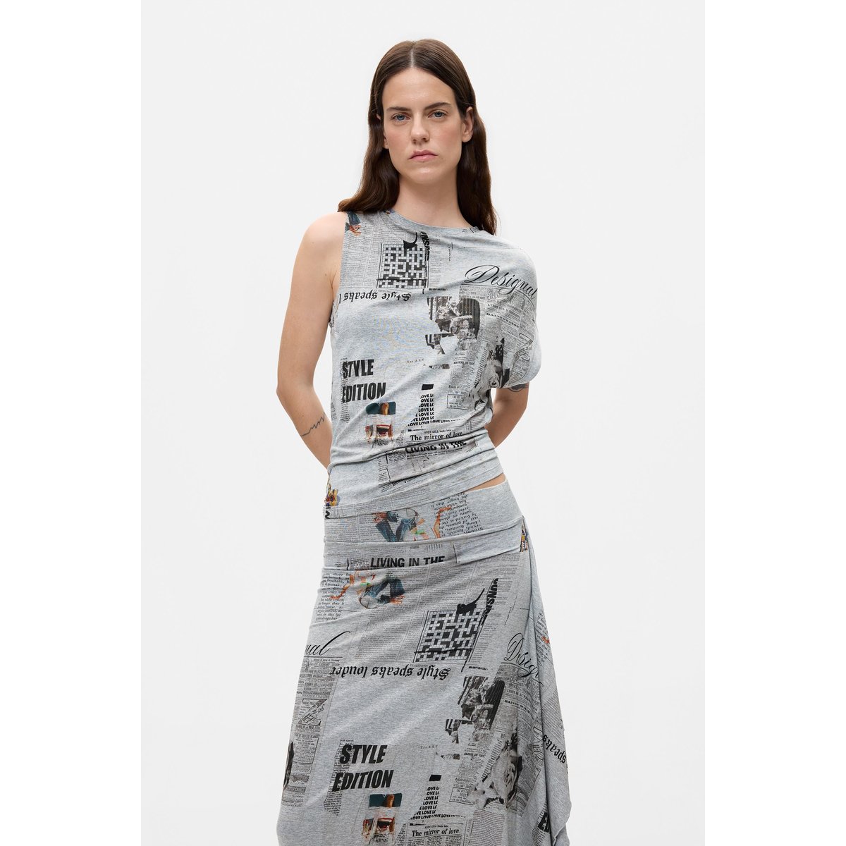 Jupe asymétrique imprimée gris, DESIGUAL