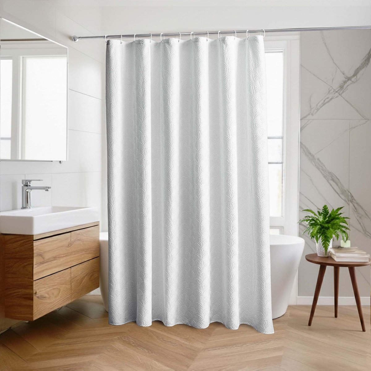 Rideau de douche gaufré en microfibre avec crochets blanc, DOUCEUR D'INTÉRIEUR