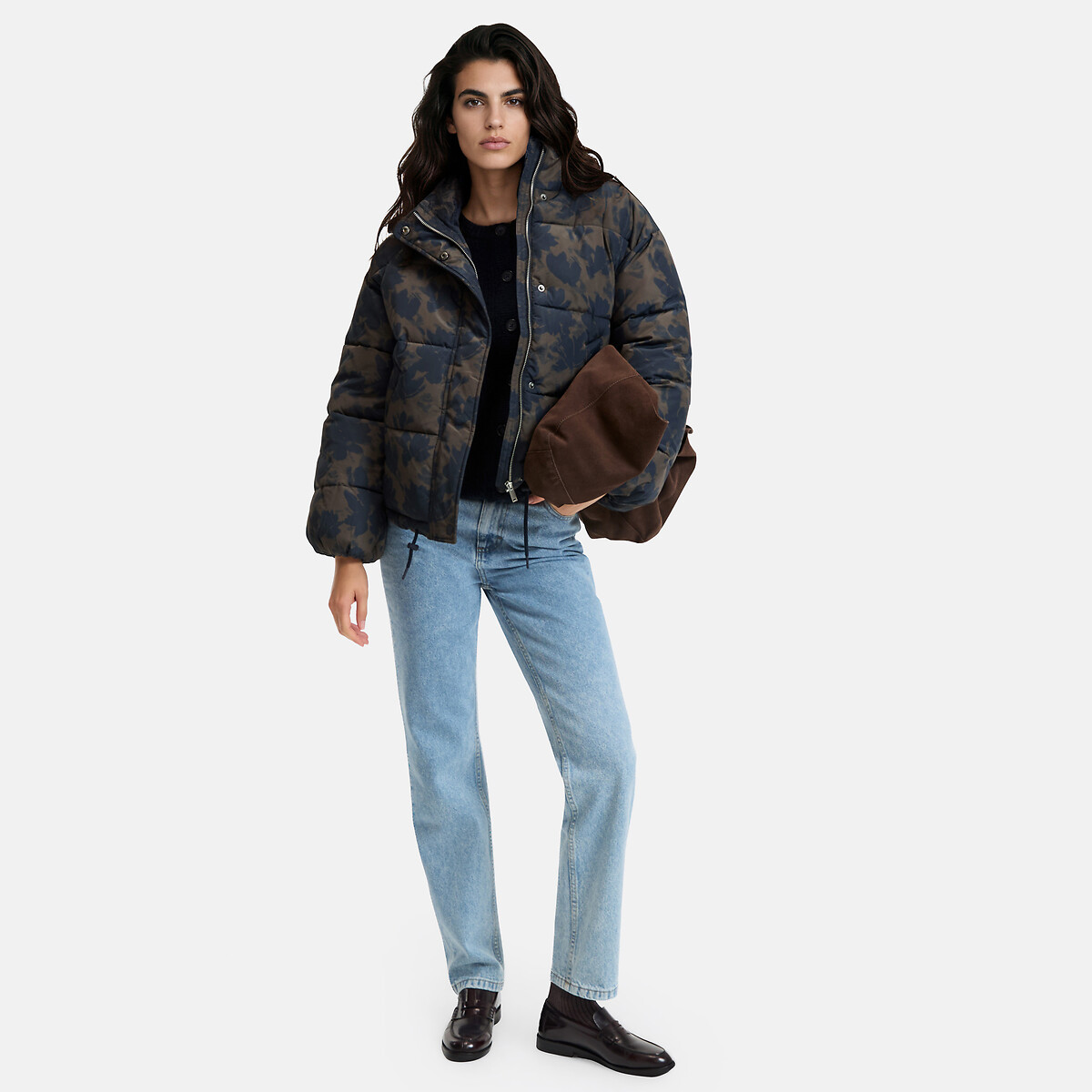 Blusão curto acolchoado, com padrão floral castanho/estampado, LA REDOUTE COLLECTIONS