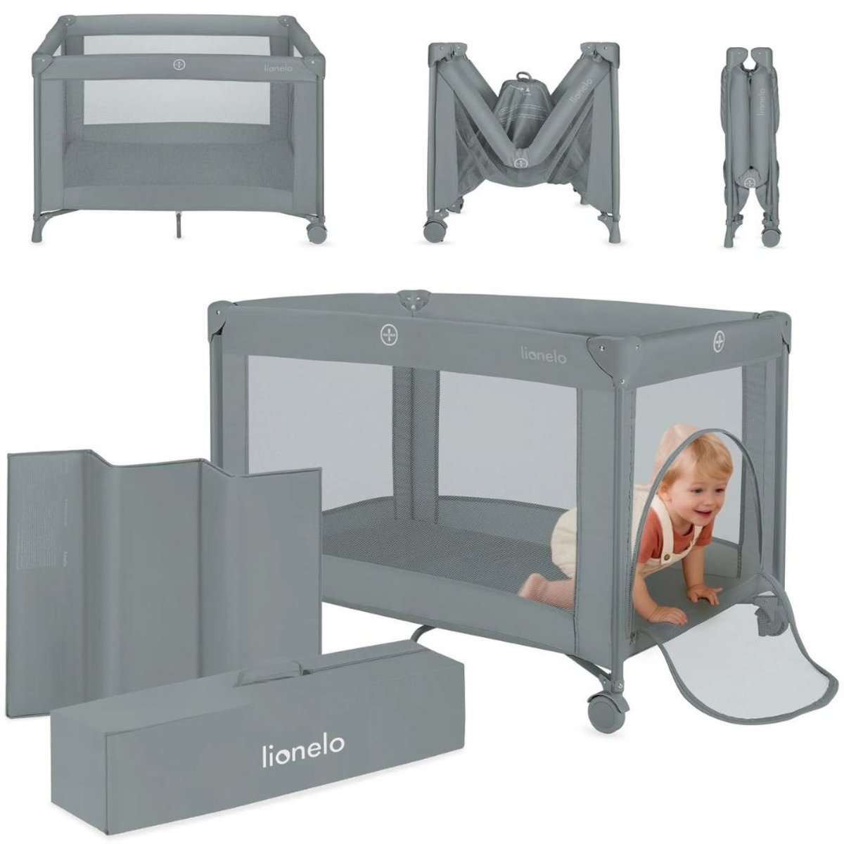 Lit parapluie bébé Amelie compact avec matelas Grey Concrete gris grey concrete, LIONELO