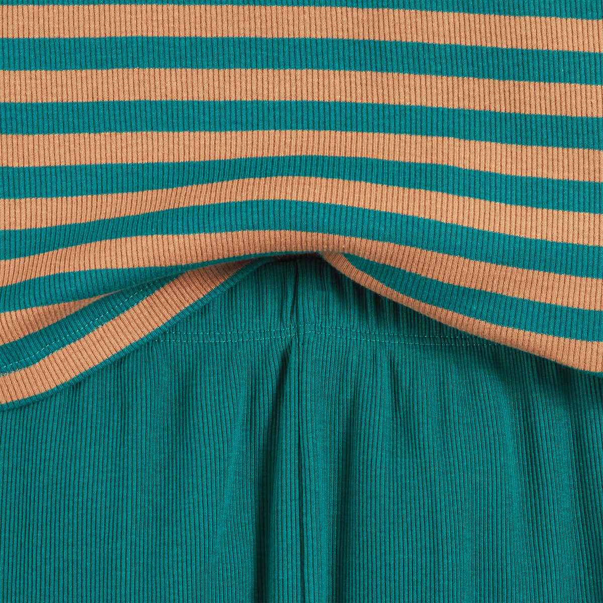 Lot de 2 pyjamas, en coton et fines côtes, à rayures camel/vert, LA REDOUTE COLLECTIONS