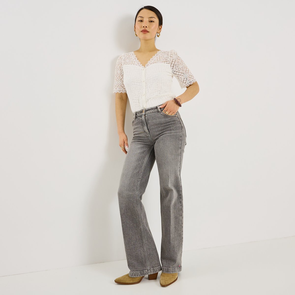 Blouse ajourée col V blanc cassé blanc, GRAIN DE MALICE