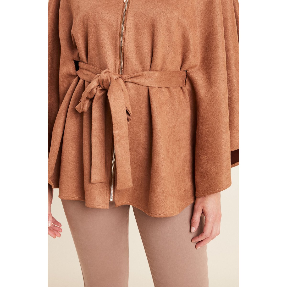 Poncho ceinturé fermeture zippée marron clair, BREAL