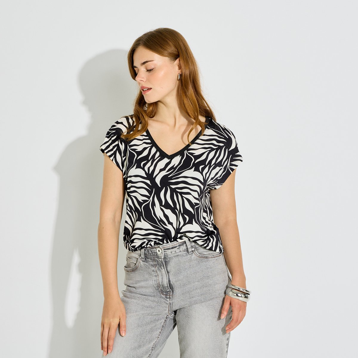 T-shirt col V imprimé venezia blanc cassé ecru, GRAIN DE MALICE