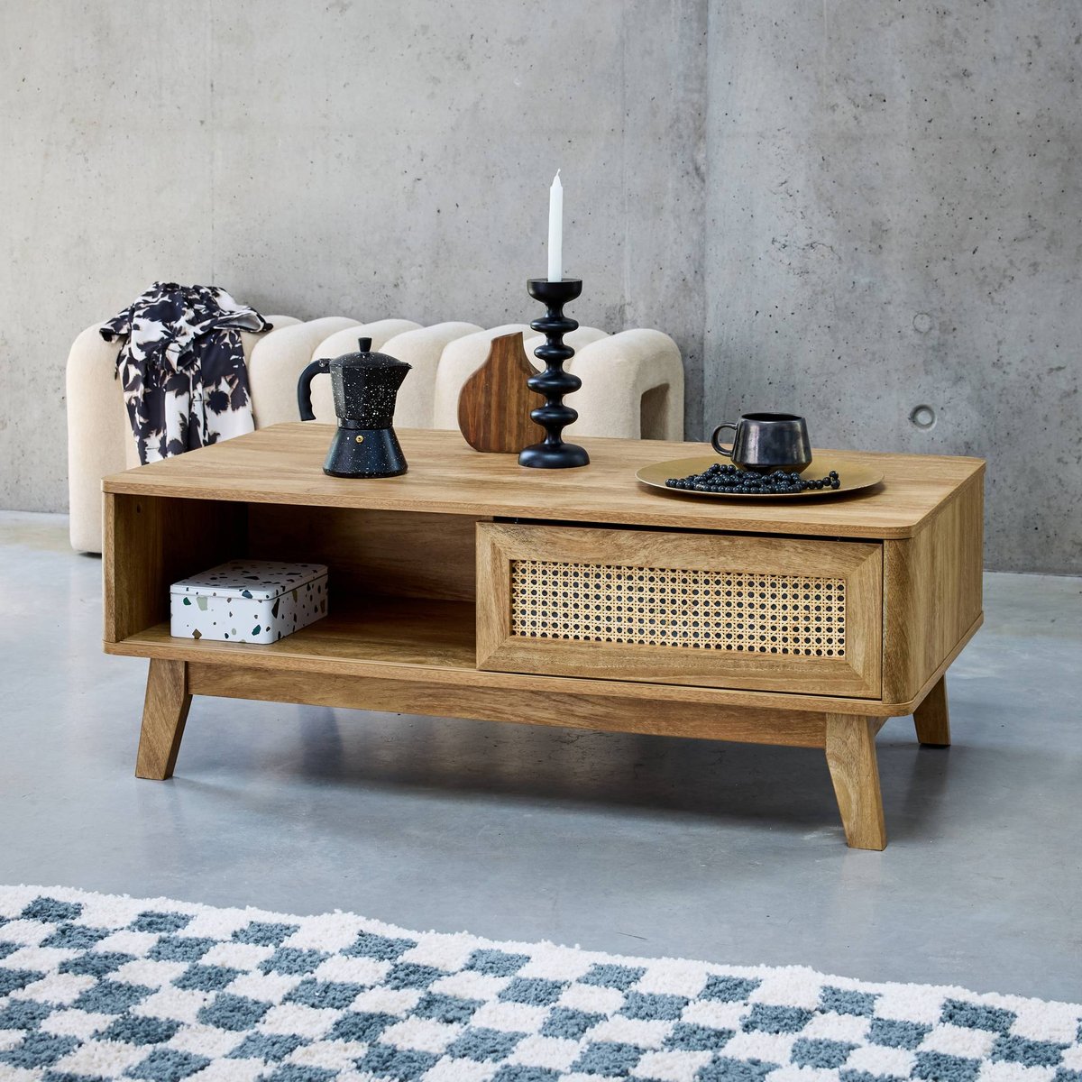 Table basse rectangulaire décor bois et cannage 1 porte coulissante MANI naturel, SWEEEK