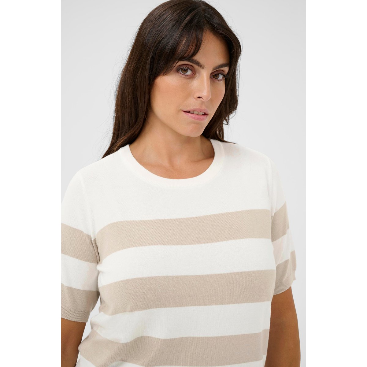 Pullover en maille manches mi-longues blanc/beige rayures chalk/feather grey bold stripe, KAFFE CURVE
