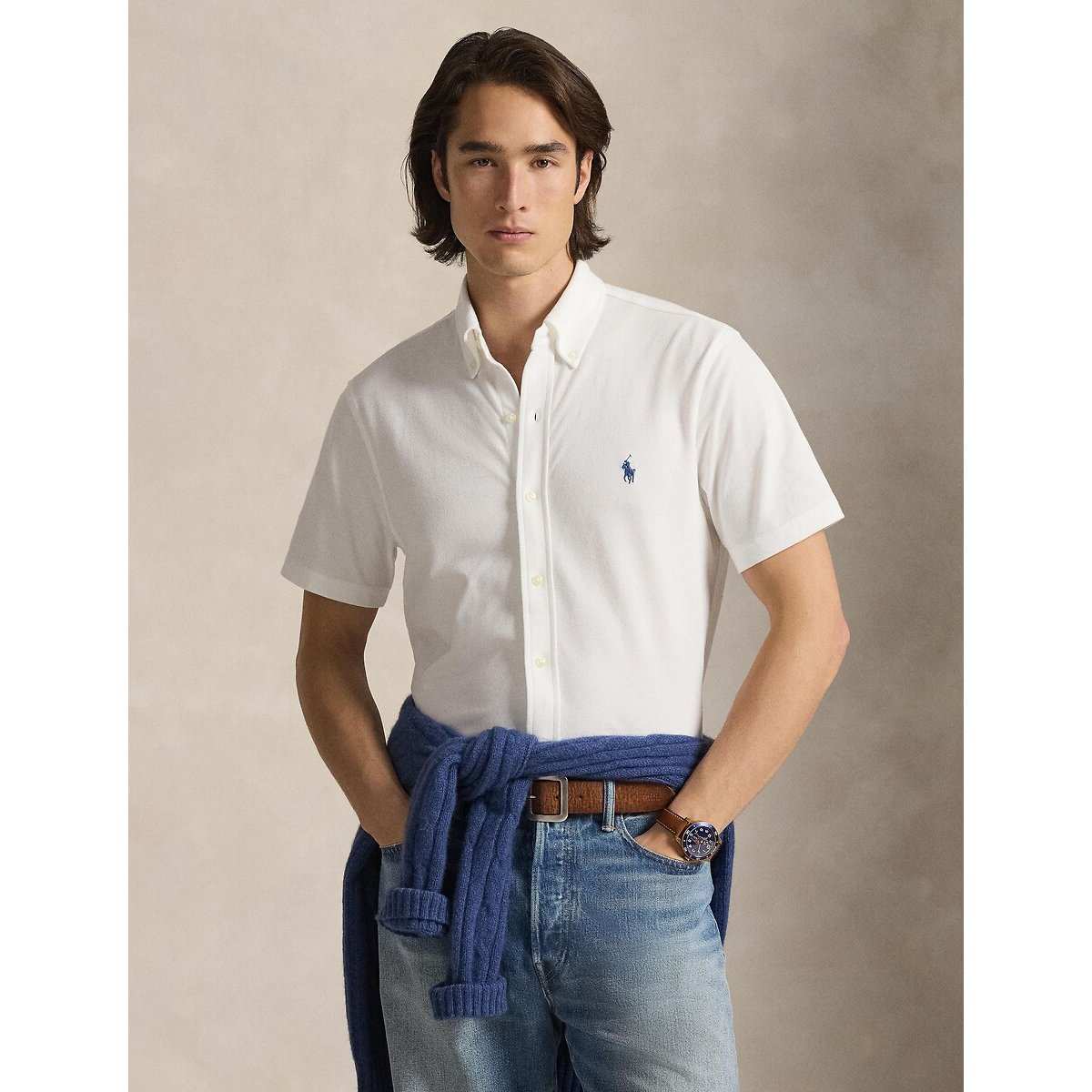 Chemisette droite en coton piquée blanc, POLO RALPH LAUREN